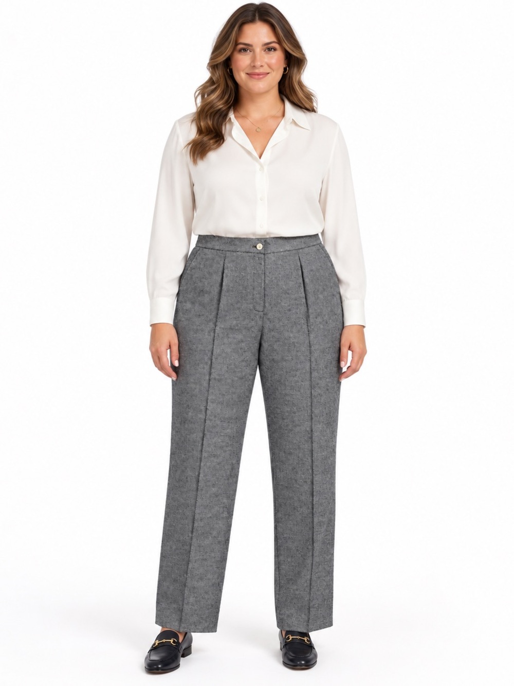 Liz Claiborne SZ 14 Navy/White High-Waist Pleated Straight-Leg Trouser/Waist 34”